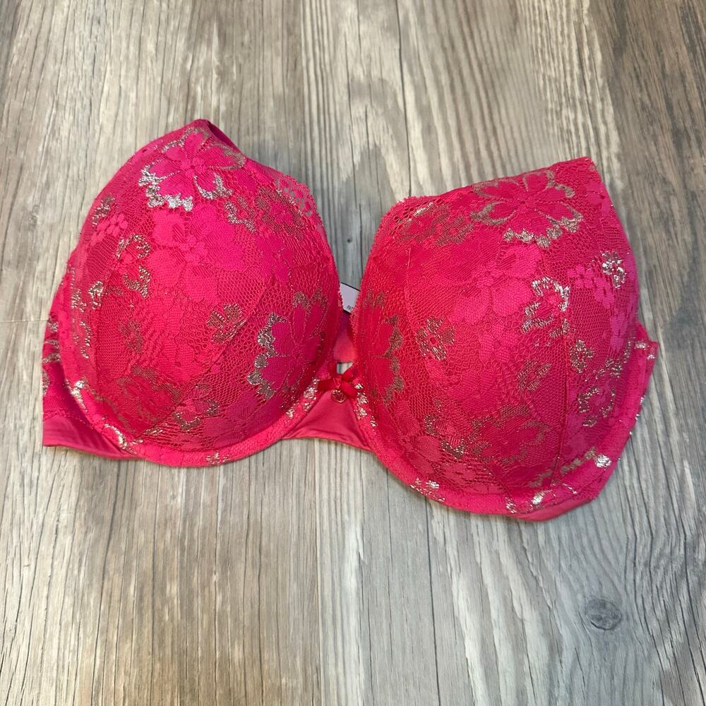 Victoria's Secret Hot Pink & Gold Shine Push-Up Perfect Shape Bra‎ Sz 32DDD Lace